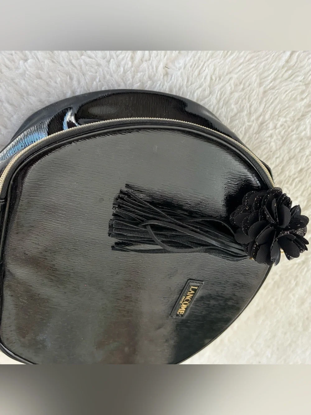 Lanncome Faux Black Patent Cosmetic Case with Tassel Travel Bag